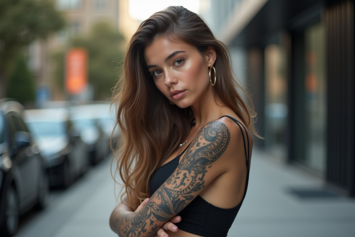 jeune-modele-tatouages-maori Jeune mannequin mode avec tatouages maori en ville