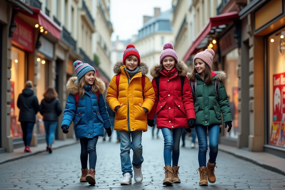Jeunes en manteaux colorés dans une rue commerçante hivernale