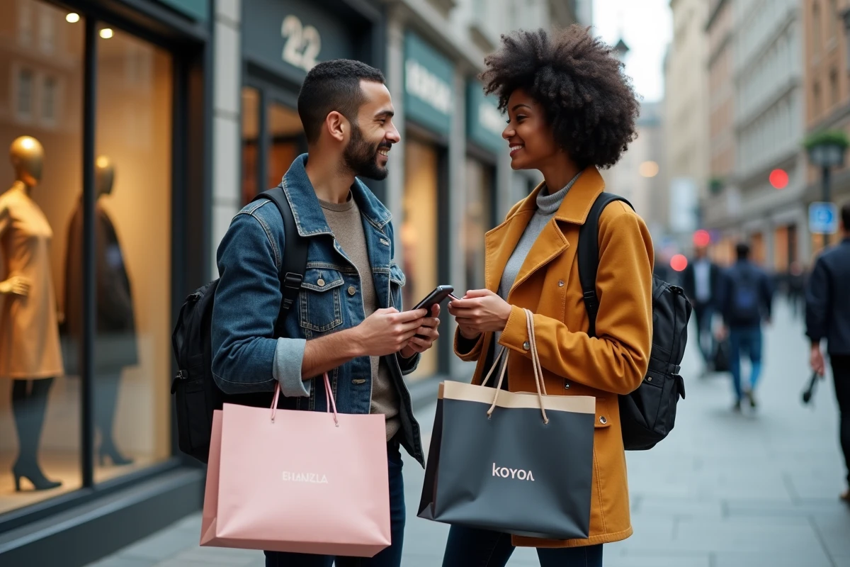 Deux jeunes adultes avec sacs de shopping en ville