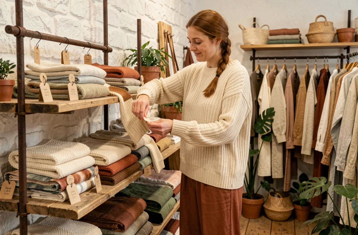 Boutique Karmela avec une ambiance artisanale et des vêtements féminins en matières naturelles