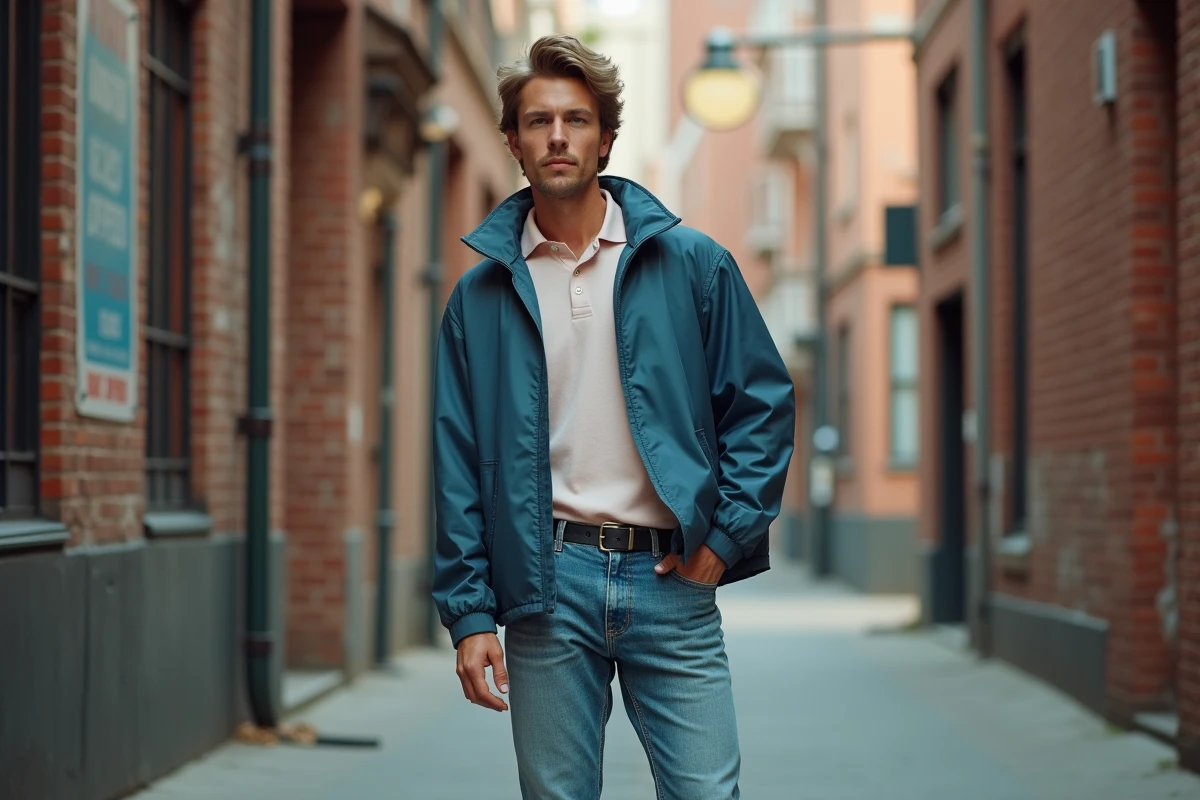Homme en look années 80 avec jean stonewashed taille haute, polo pastel et blouson windbreaker dans une ruelle urbaine