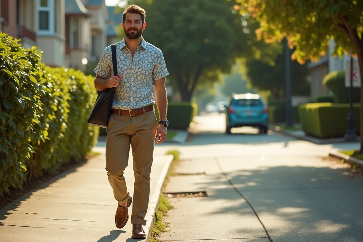 Homme en look décontracté années 80 avec chemise à motifs géométriques et chino kaki marchant dans un quartier résidentiel