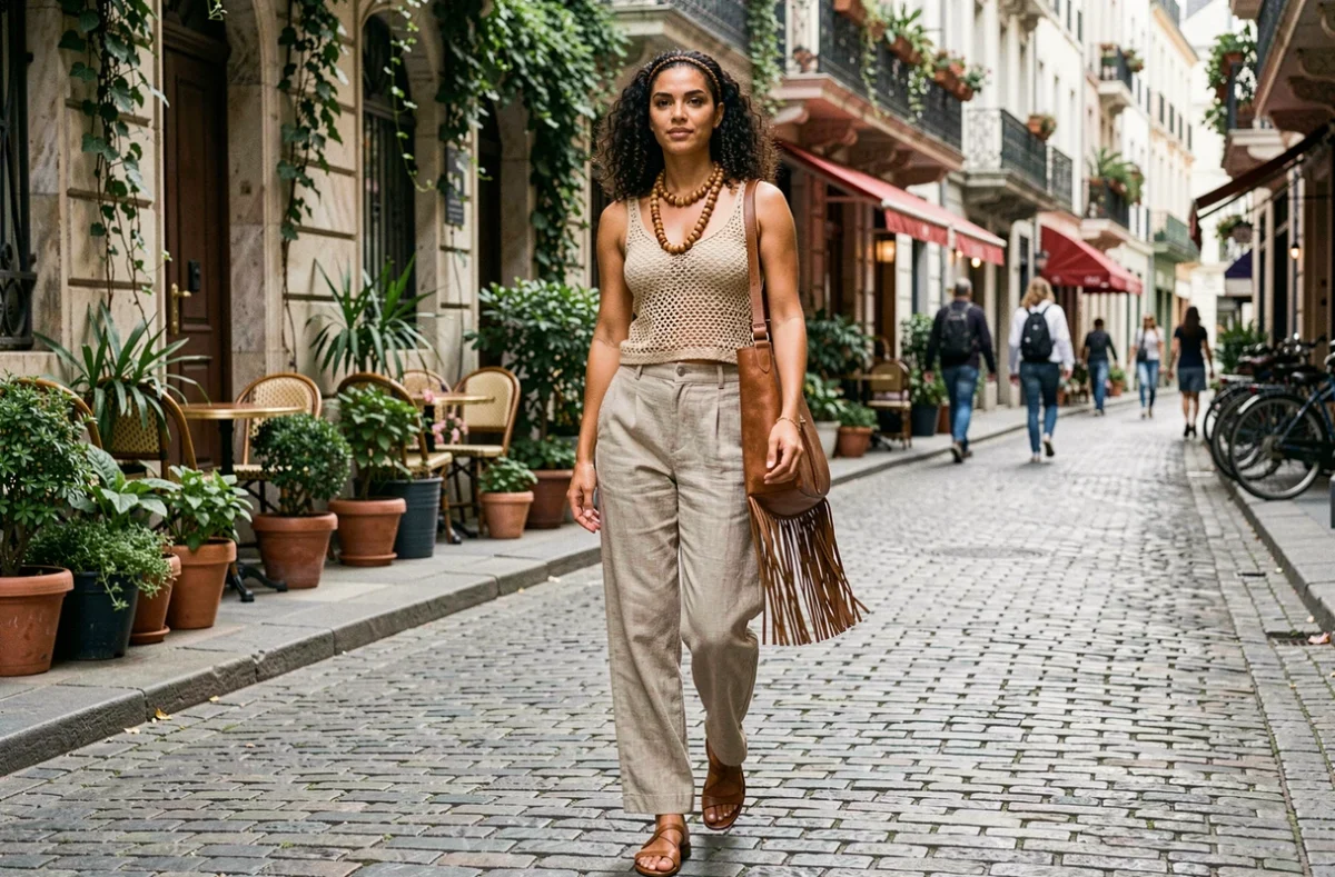 Femme en tenue hippie chic urbaine avec top crochet et pantalon lin dans une rue pavée de ville européenne