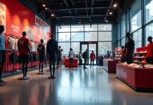 Vitrine d un magasin de sport moderne avec mannequins en tenues de sport