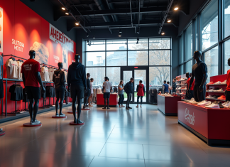 Vitrine d un magasin de sport moderne avec mannequins en tenues de sport