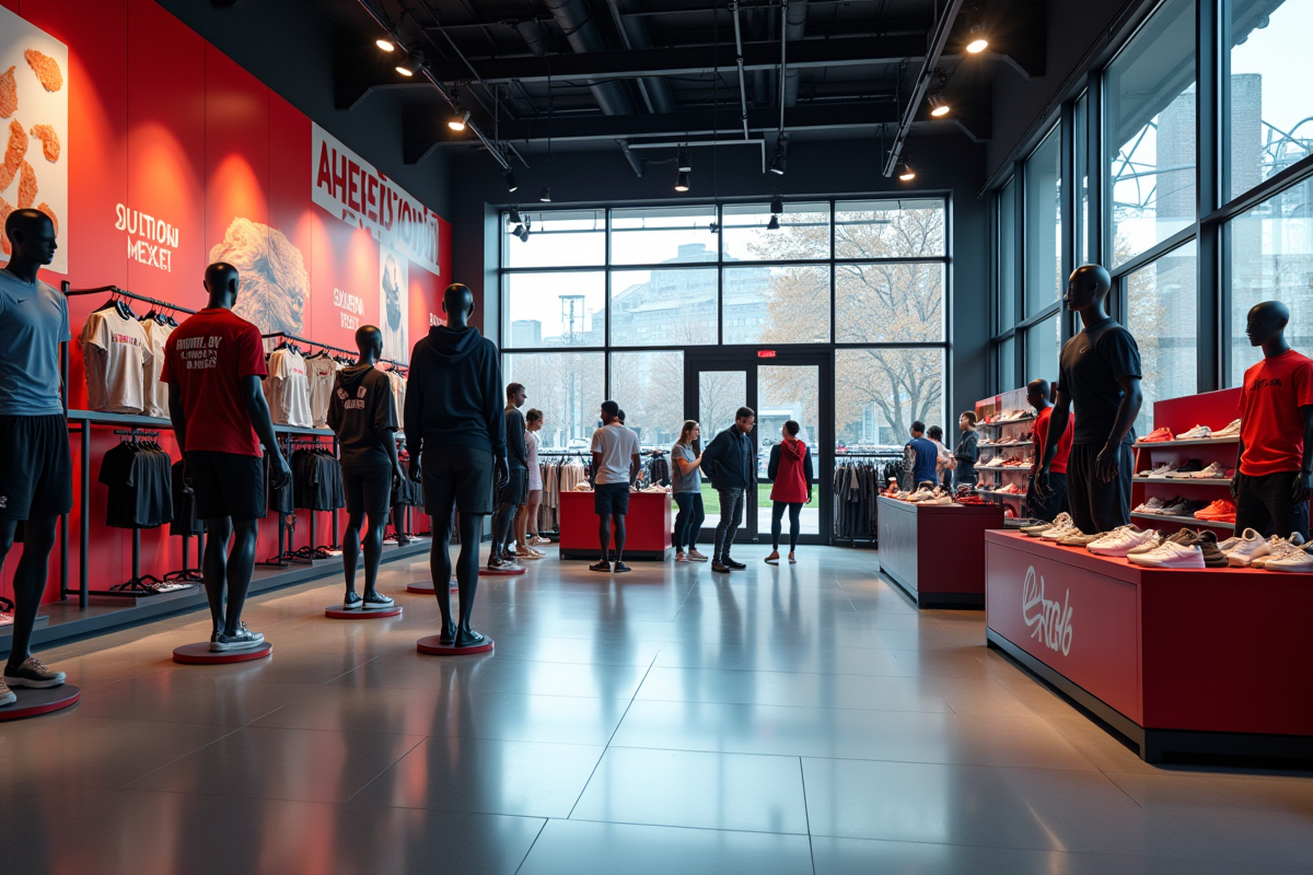 Vitrine d un magasin de sport moderne avec mannequins en tenues de sport