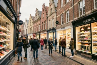 Rue commerçante animée des Hauts-de-France avec des vitrines de magasins de baskets et des passants