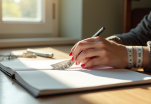Main d'une femme sur un carnet avec un ruban de mesure naturel