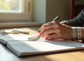 Main d'une femme sur un carnet avec un ruban de mesure naturel