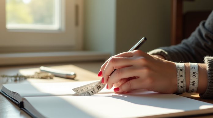 Main d'une femme sur un carnet avec un ruban de mesure naturel