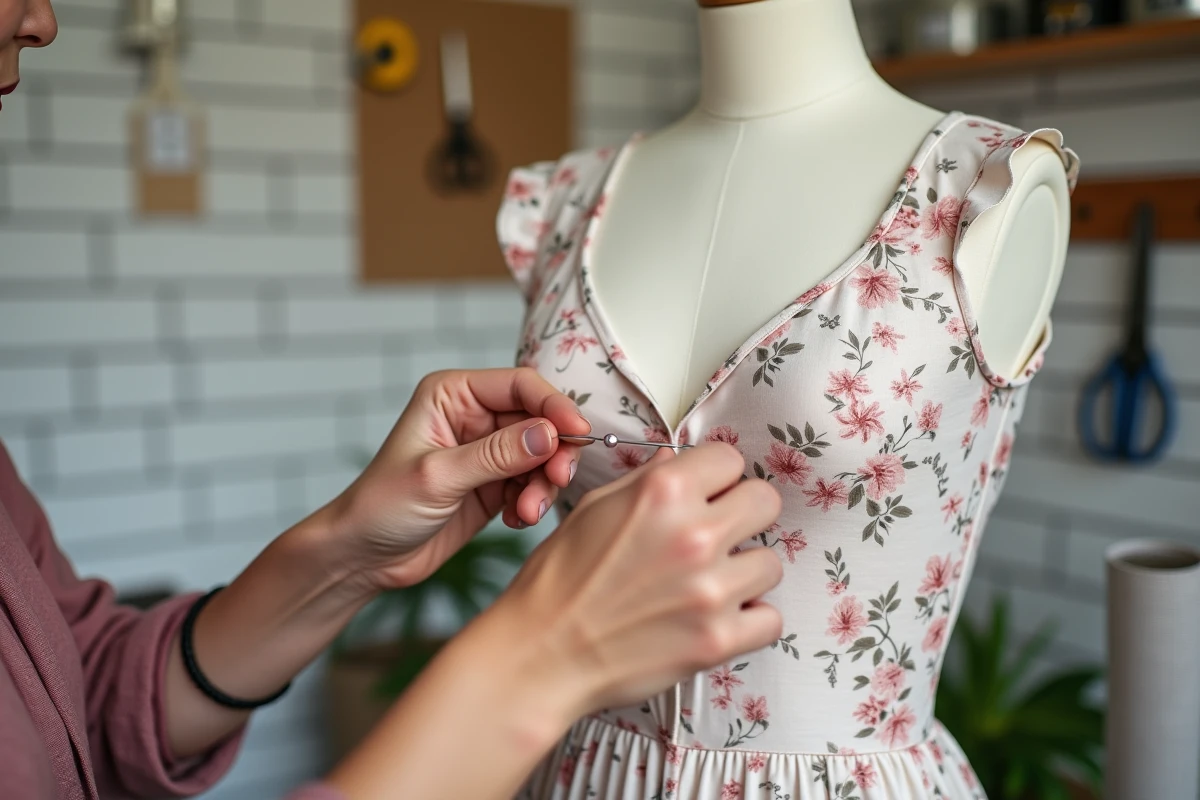 Mains expertes d'une retoucheuse épinglant une robe en coton sur un mannequin de couture dans un atelier maison