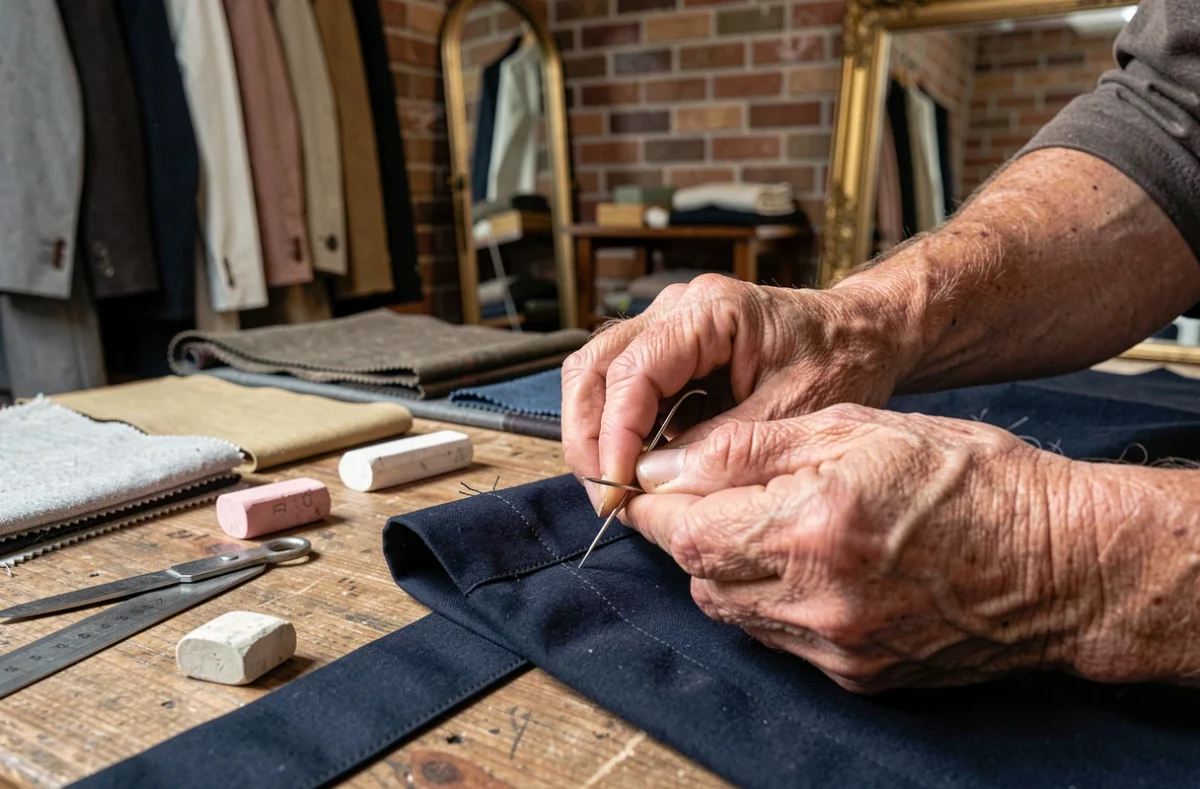 Mains expertes d'un tailleur cousant un ourlet de pantalon dans un atelier de retouches à Toulouse