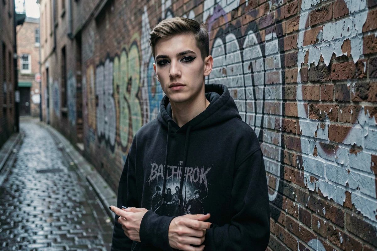 Jeune homme avec maquillage emo : eye-liner kohl noir et fond de teint pâle, photographié dans une ruelle urbaine aux murs en briques