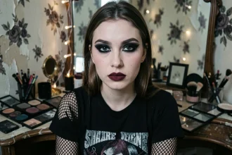 Jeune femme avec maquillage emo style : eye-liner noir épais, fard à paupières sombre et lèvres bordeaux, assise devant une coiffeuse vintage