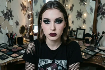 Jeune femme avec maquillage emo style : eye-liner noir épais, fard à paupières sombre et lèvres bordeaux, assise devant une coiffeuse vintage