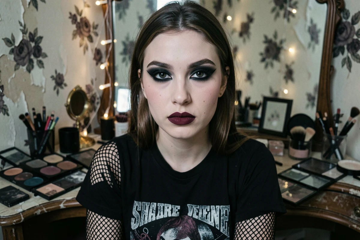 Jeune femme avec maquillage emo style : eye-liner noir épais, fard à paupières sombre et lèvres bordeaux, assise devant une coiffeuse vintage