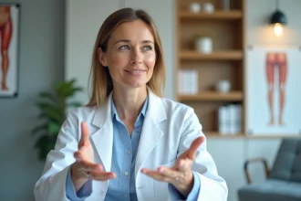 Médecin spécialiste en médecine du sport tenant un legging de compression lors d'une consultation médicale
