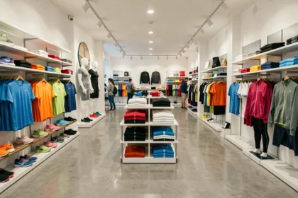 Vue intérieure d'une boutique de vêtements de sport en Bretagne avec des rayons de tenues sportives colorées et des chaussures de running exposées