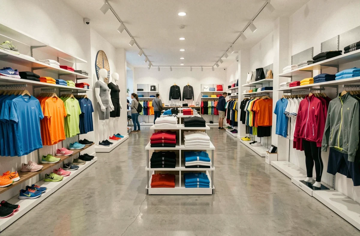 Vue intérieure d'une boutique de vêtements de sport en Bretagne avec des rayons de tenues sportives colorées et des chaussures de running exposées