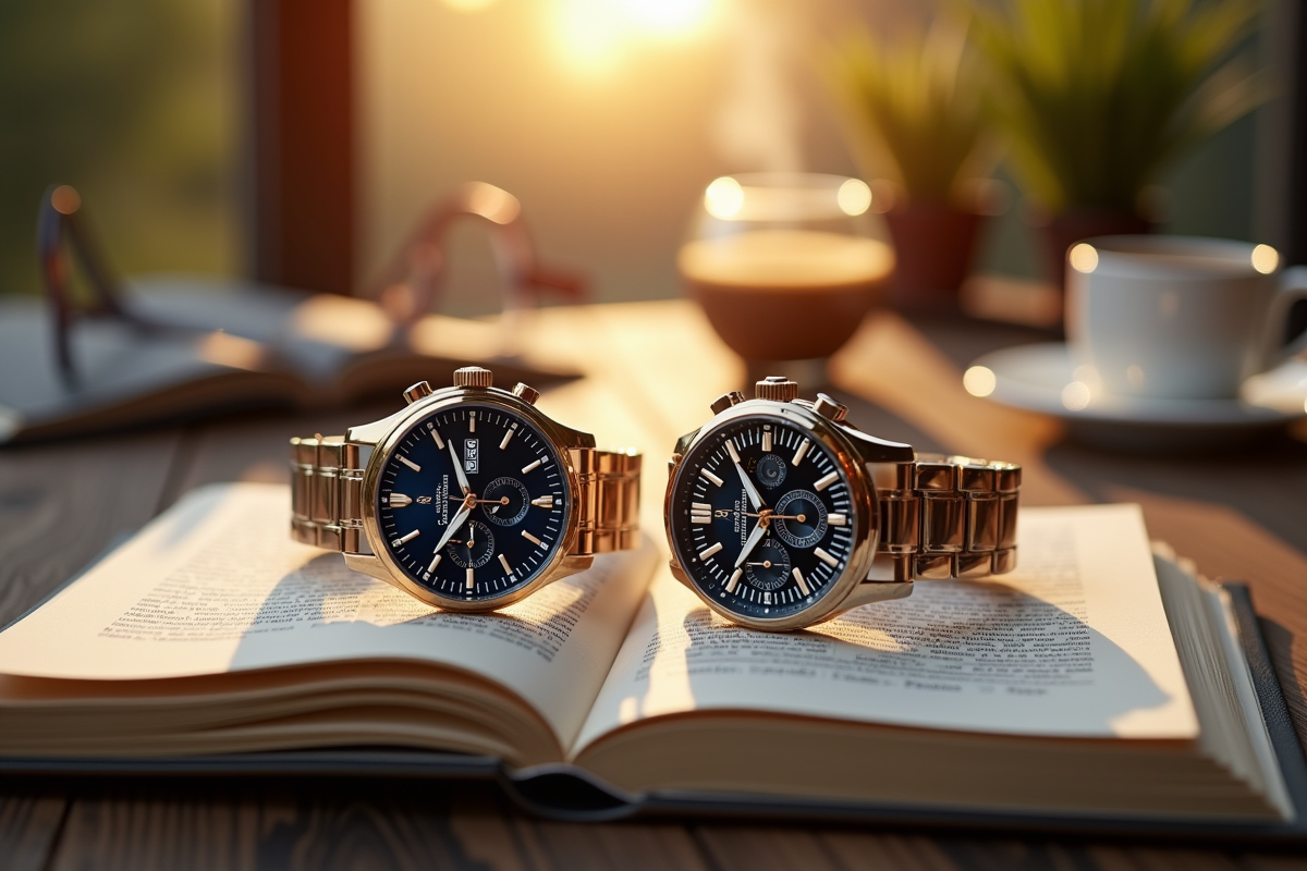 Deux montres de luxe sur un livre avec café et lunettes