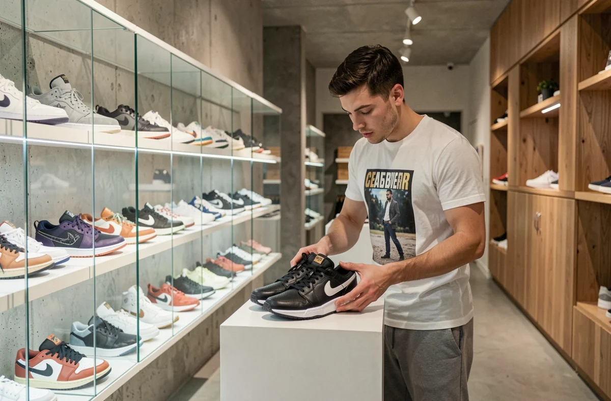 Intérieur de la boutique Mood Sneakers à Lille avec des baskets rares en vitrine