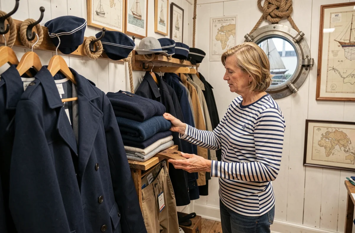 Intérieure de la boutique Le Moussaillon Mode Marine avec une propriétaire en marinière bretonne arrangeant des pulls marins en laine marine près d'une décoration nautique