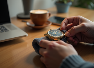 Personne nettoyant une montre en or Cluse avec un chiffon doux