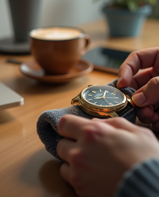 Personne nettoyant une montre en or Cluse avec un chiffon doux