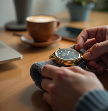 Personne nettoyant une montre en or Cluse avec un chiffon doux