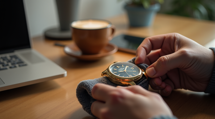 Personne nettoyant une montre en or Cluse avec un chiffon doux