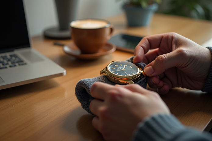 Personne nettoyant une montre en or Cluse avec un chiffon doux