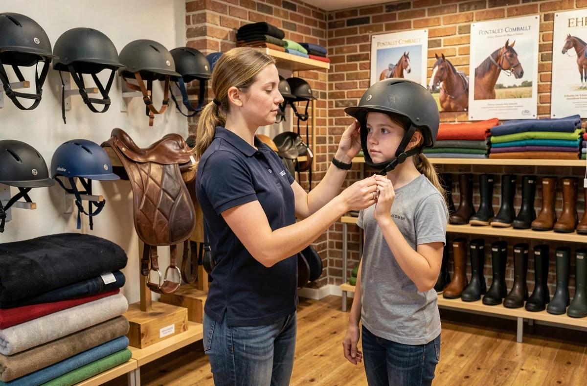 Vendeuse aidant une jeune cavalière à essayer un casque d'équitation chez PADD Pontault-Combault, boutique équestre de l'ouest 77