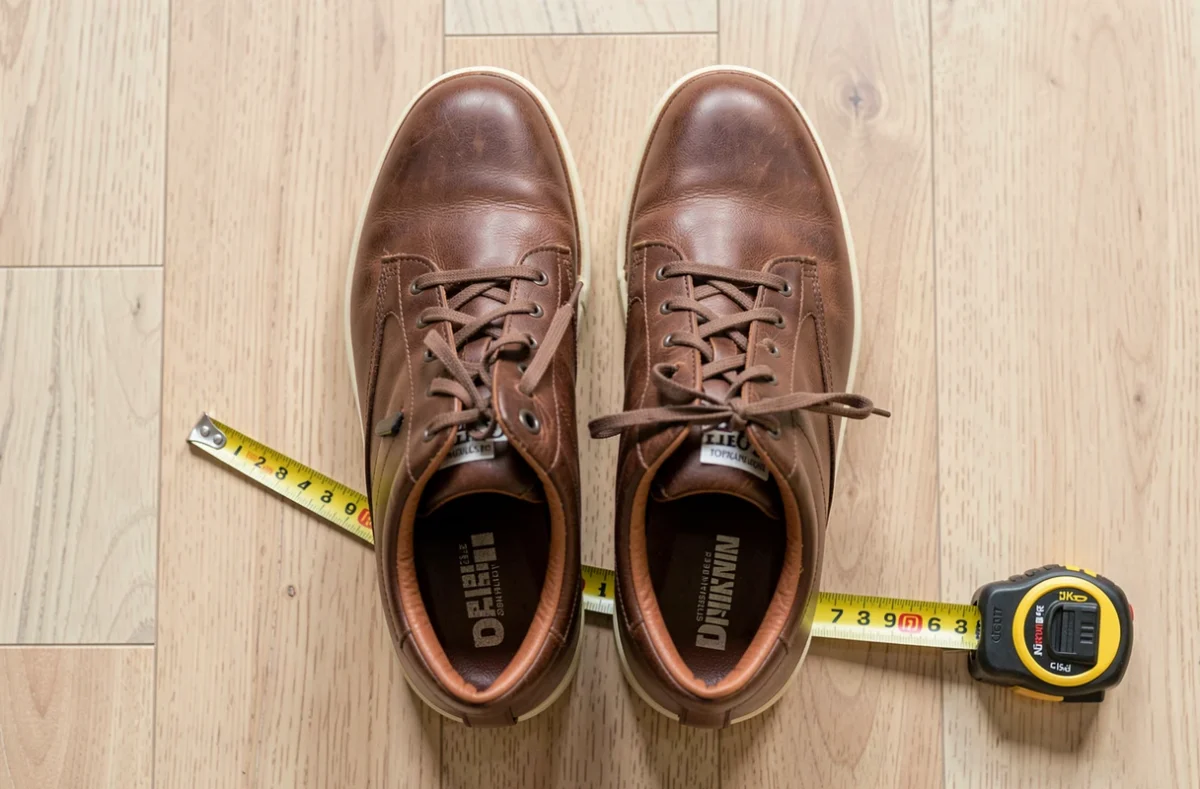 Paire de baskets posée à côté d'un mètre ruban sur un parquet clair