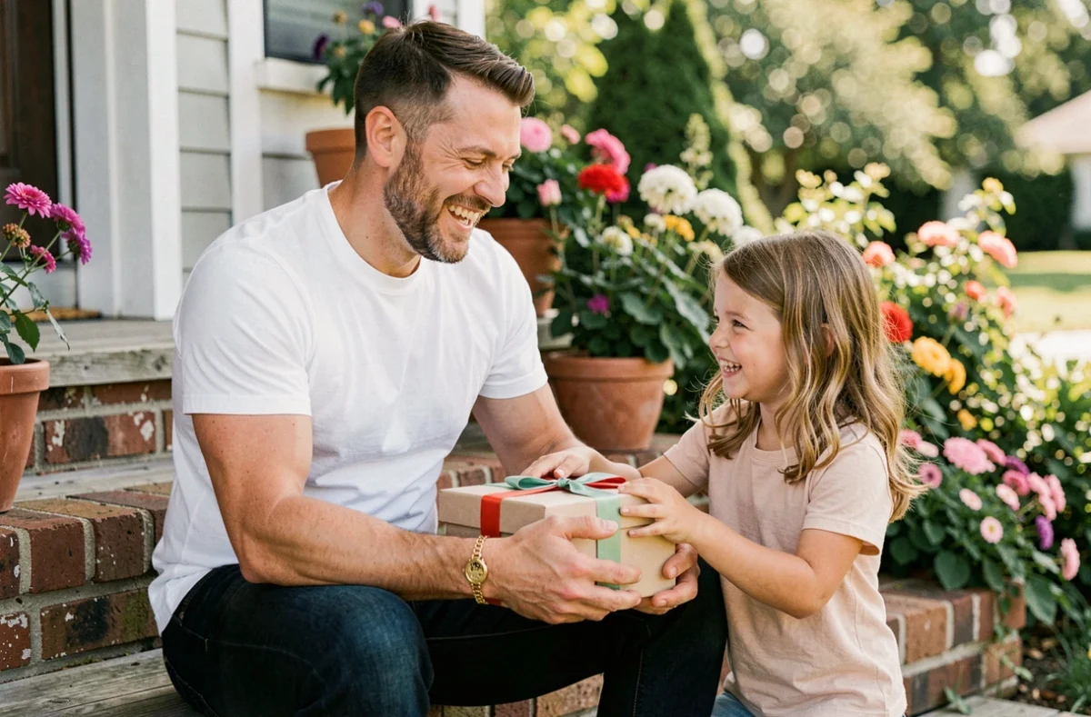 Papa souriant sur les marches d'une maison recevant un cadeau de sa fille avec un bracelet gravé doré au poignet