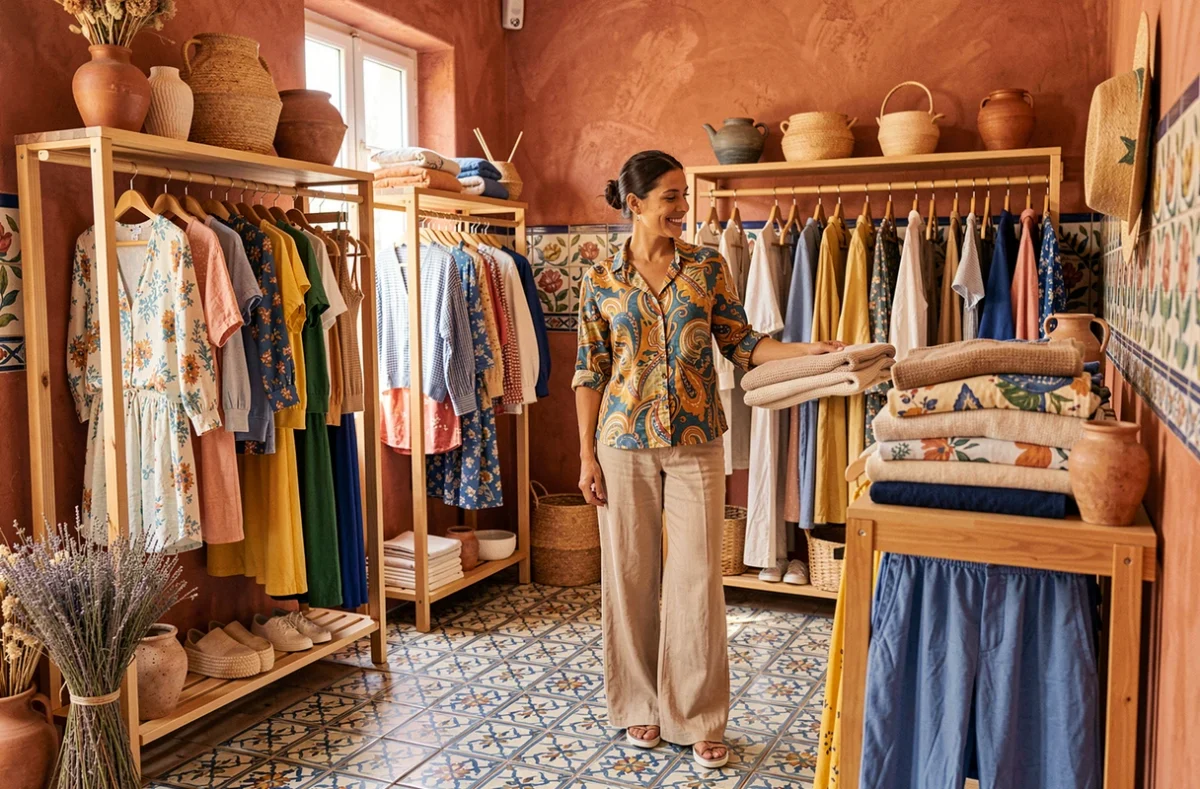 Boutique Paula Coste avec une ambiance méditerranéenne et des vêtements féminins colorés en lin