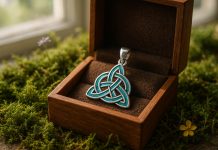 Photo hyperrealiste d'un pendentif celtique en argent et émail dans une boîte en bois