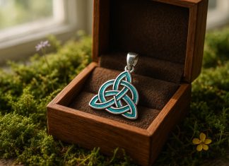Photo hyperrealiste d'un pendentif celtique en argent et émail dans une boîte en bois