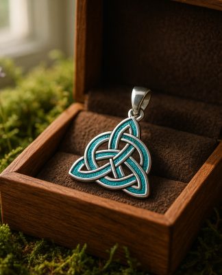 Photo hyperrealiste d'un pendentif celtique en argent et émail dans une boîte en bois