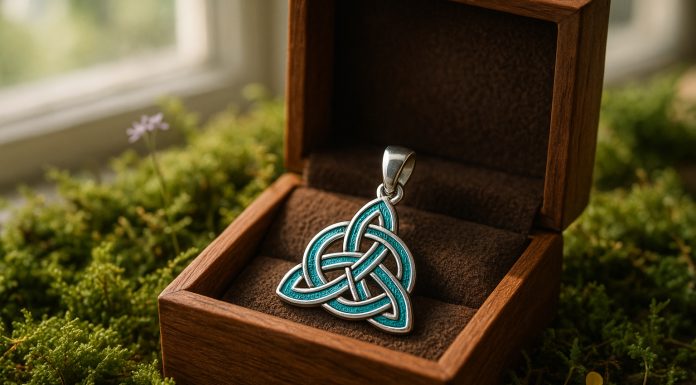 Photo hyperrealiste d'un pendentif celtique en argent et émail dans une boîte en bois