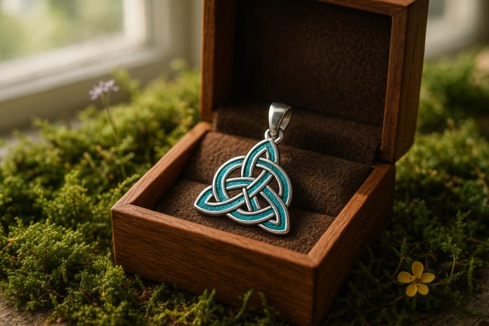 Photo hyperrealiste d'un pendentif celtique en argent et émail dans une boîte en bois