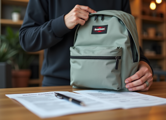 Personne tenant un sac Eastpak sur une table en bois clair