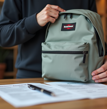 Personne tenant un sac Eastpak sur une table en bois clair