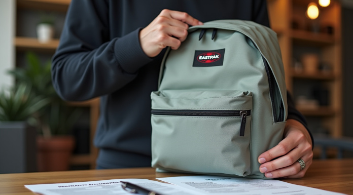 Personne tenant un sac Eastpak sur une table en bois clair