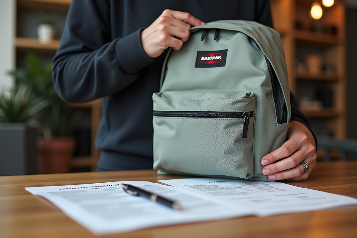 Personne tenant un sac Eastpak sur une table en bois clair