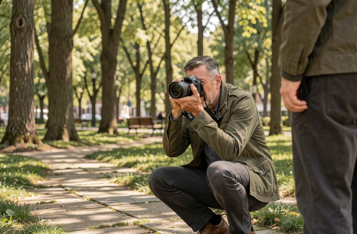 Photographe masculin en extérieur dans un parc urbain capturant un portrait en lumière naturelle tamisée