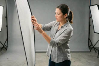 Photographe professionnelle ajustant un réflecteur dans un studio photo avec fond blanc et équipement visible
