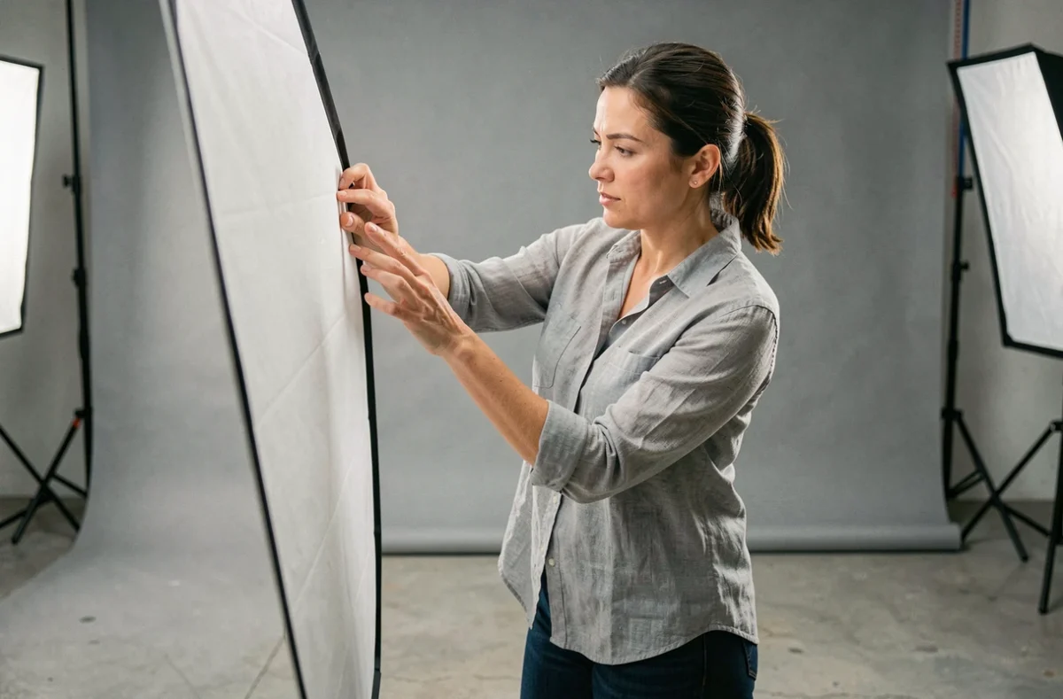 Photographe professionnelle ajustant un réflecteur dans un studio photo avec fond blanc et équipement visible
