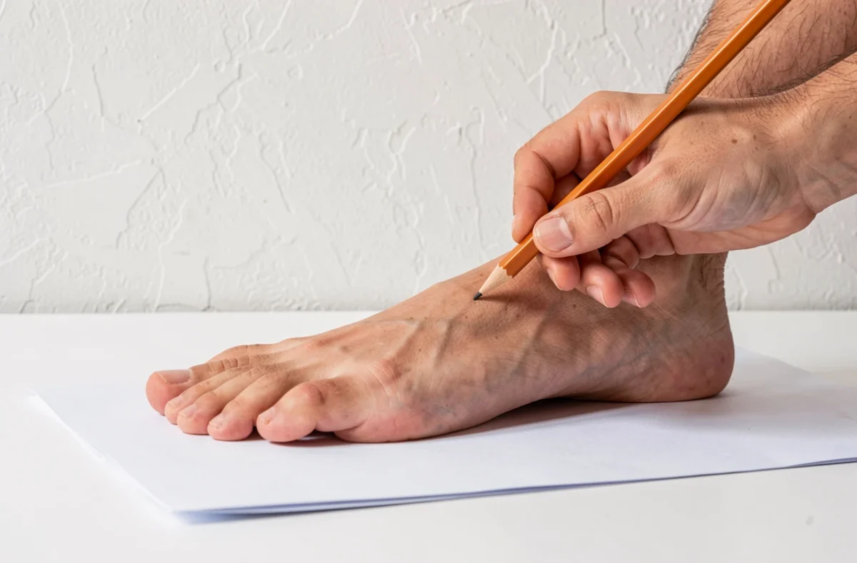 Pied posé sur une feuille de papier avec un trait tracé au bout de l'orteil