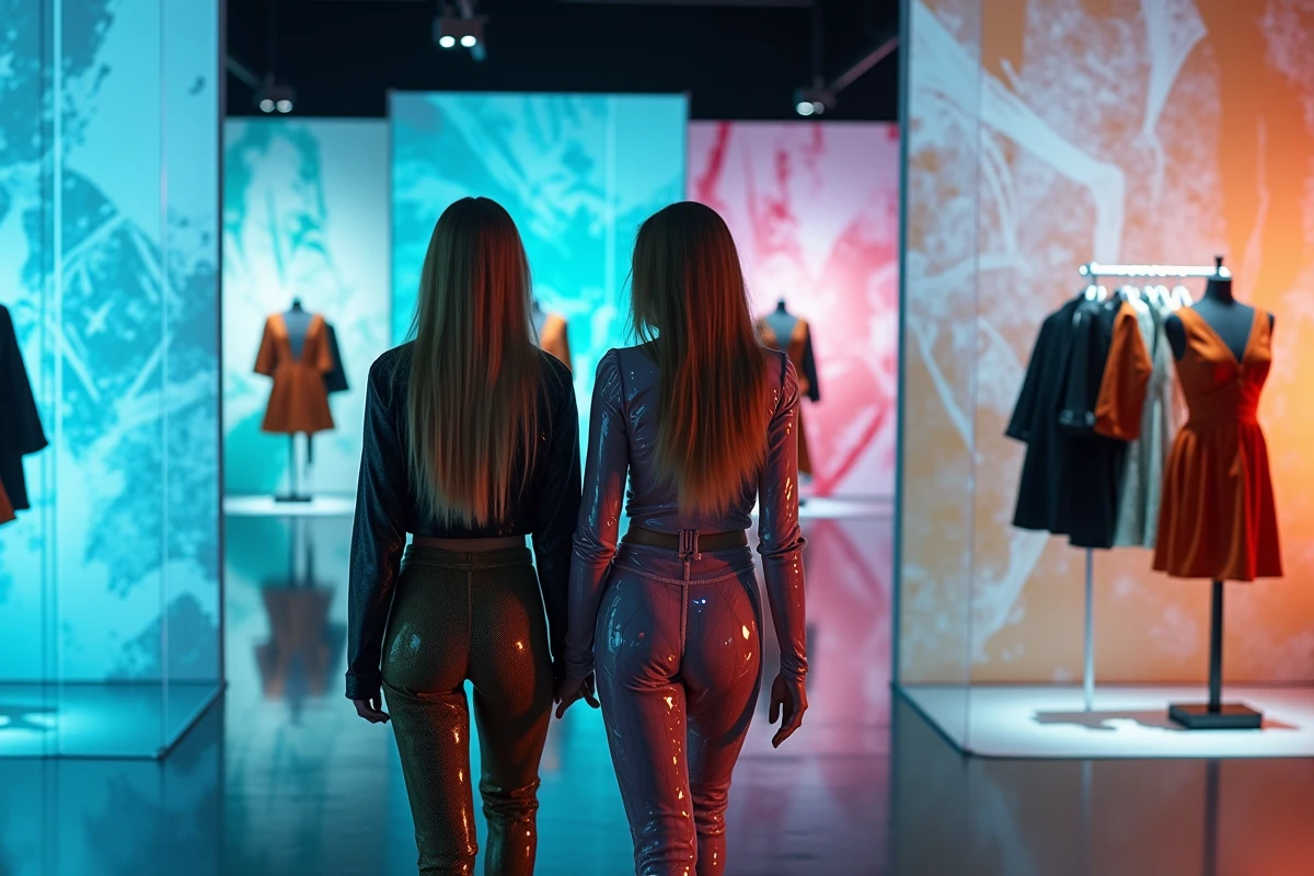 Deux femmes explorant un pop-up store de mode électronique avec des vêtements à tissus réactifs et murs numériques interactifs
