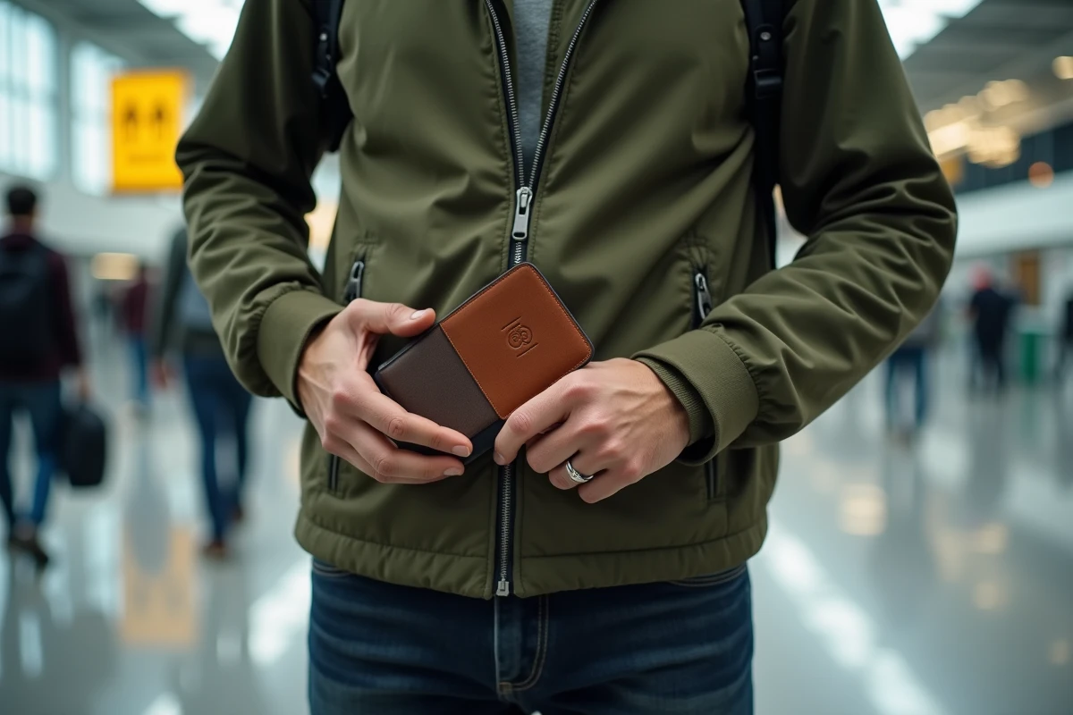 Mains glissant un portefeuille personnalisé monogrammé dans une poche intérieure à l'aéroport